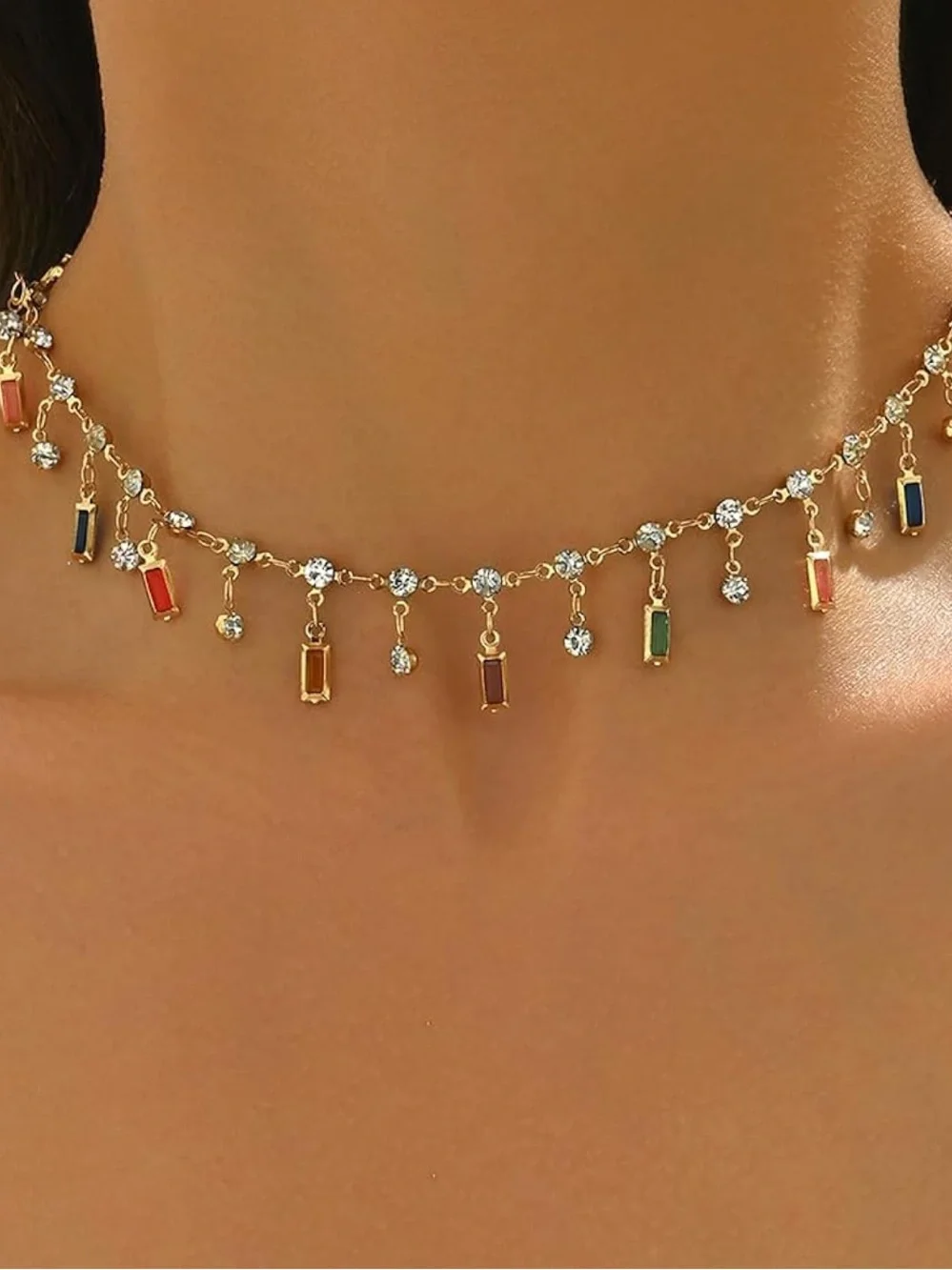 Anthropologie Gold Choker with Multi‑Colored Baguette Charms
